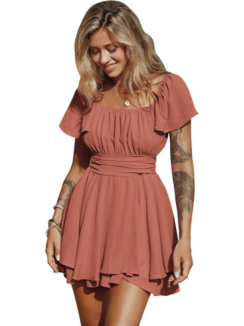 Women's Brown Ruffle Short Sleeve Tie Back Square Neck Polyester Romper